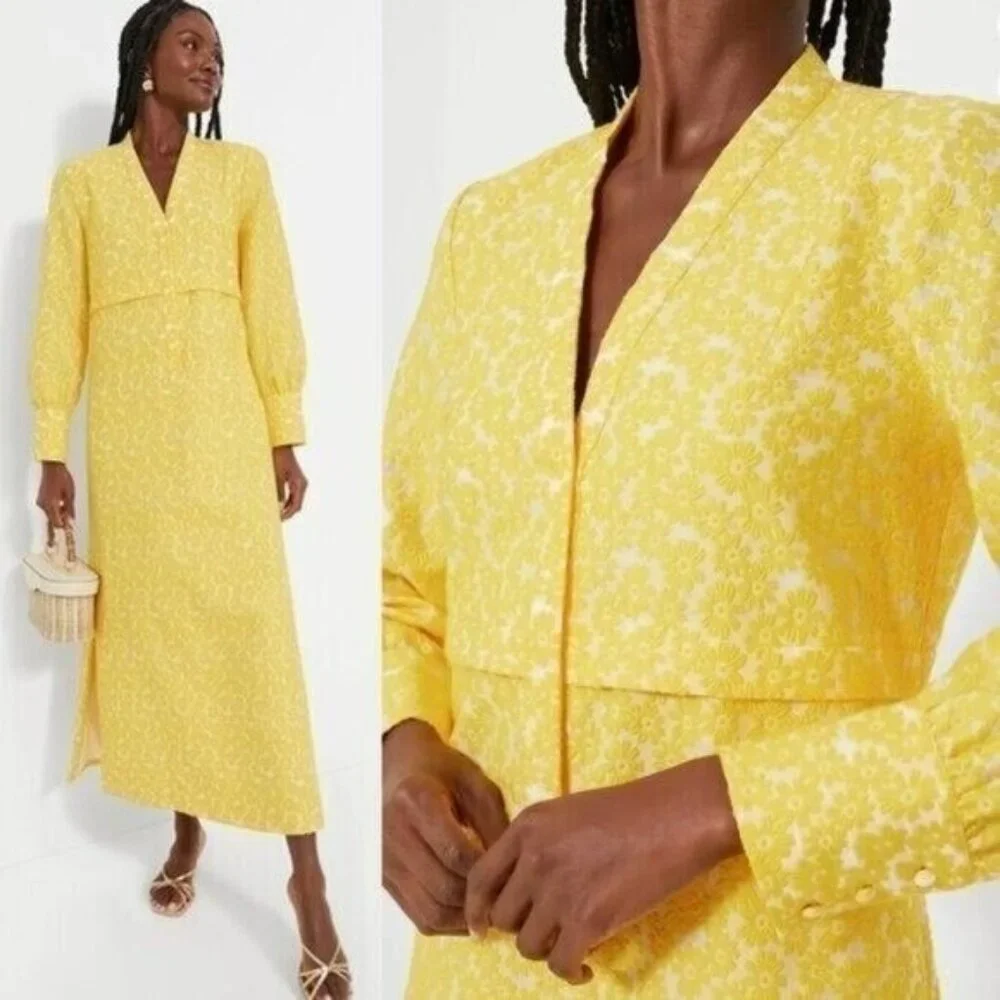 Tuckernuck NEW Yellow Daisy Jacquard Aurelia Long Sleeve Floral Maxi Dress XL - Picture 1 of 13